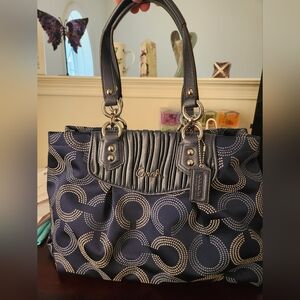 Coach Silver Navy Signature Fabric Shoulder Purse Handbag